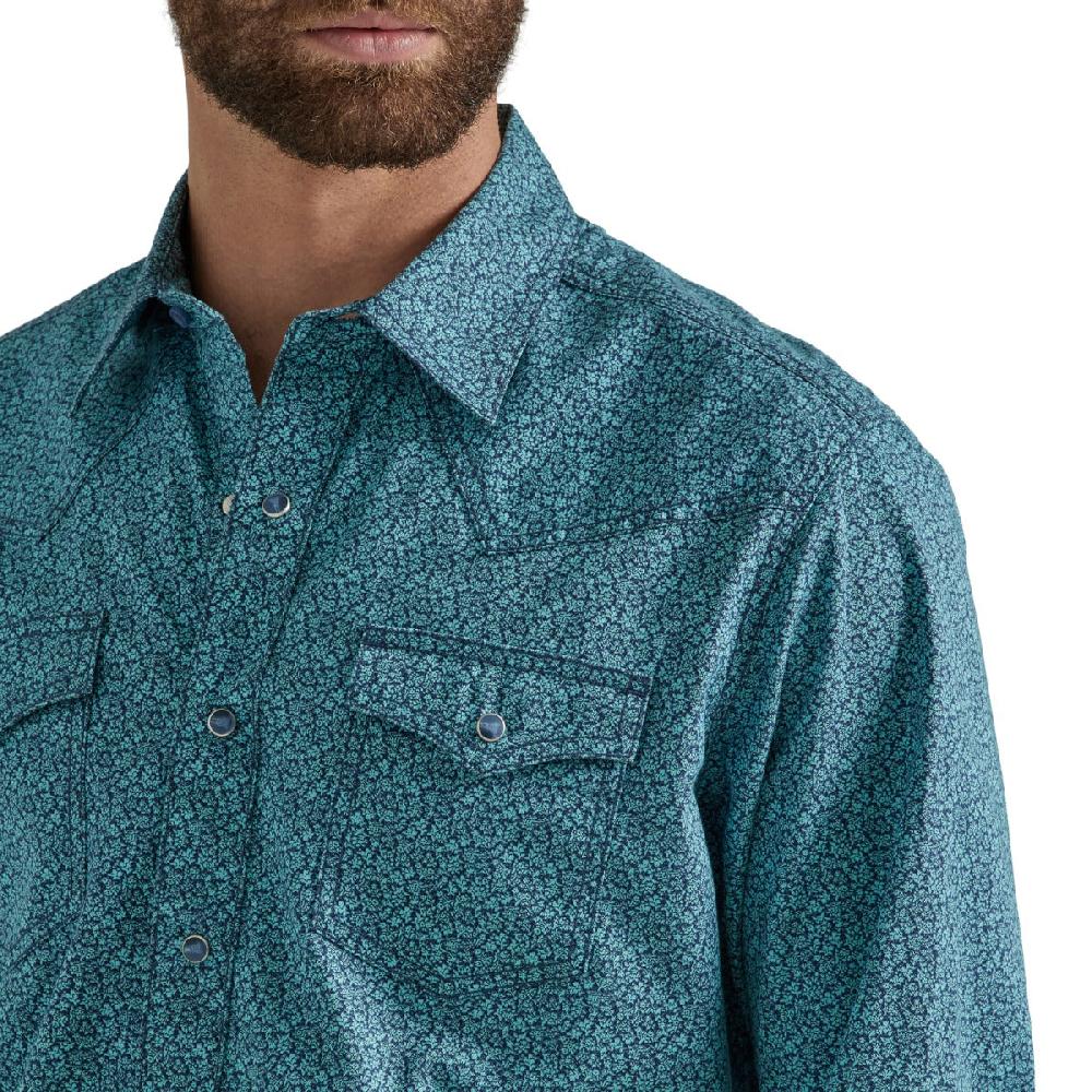 Wrangler Turquoise Wave Retro Premium Longsleeve Collared Western Snap Print Shirt 112346625