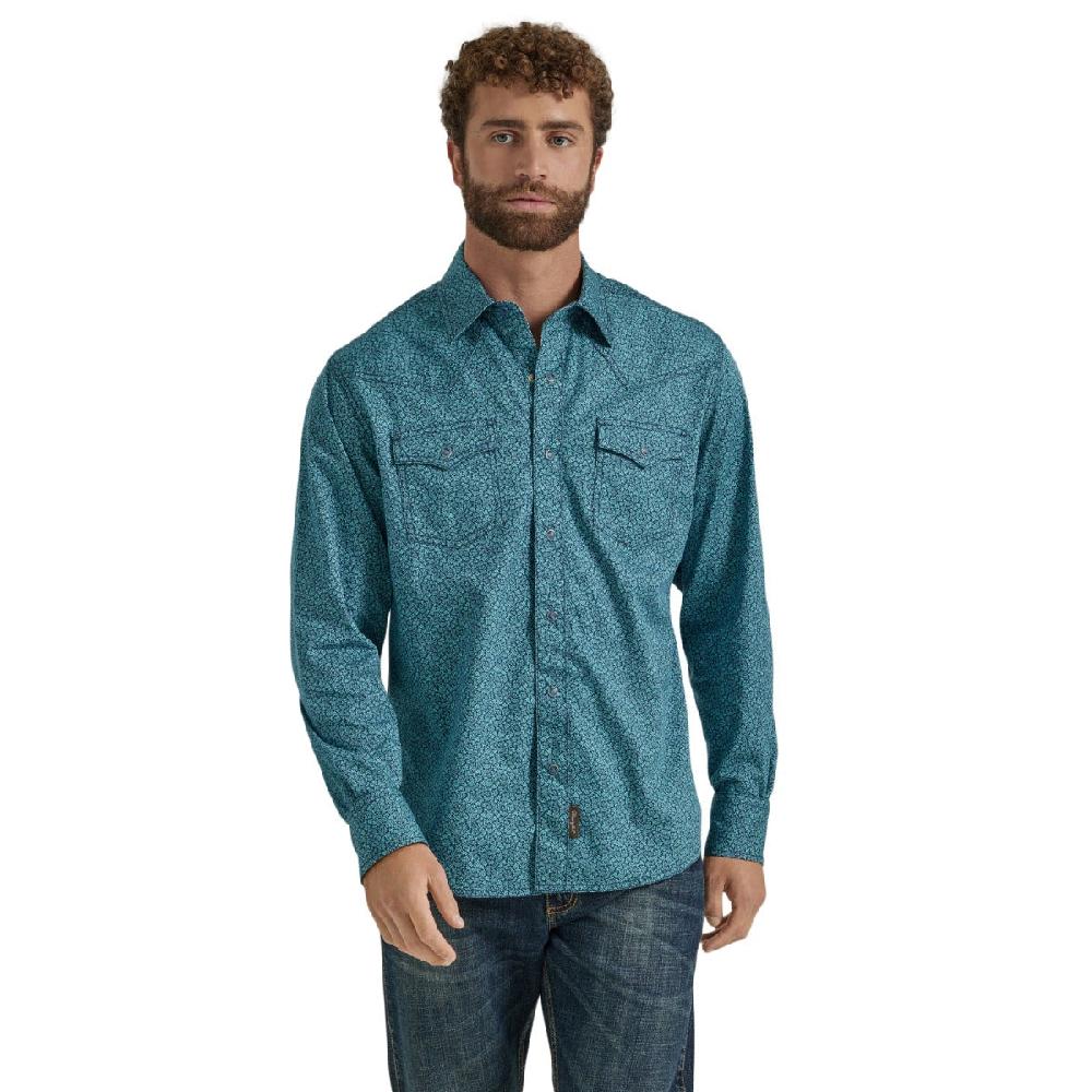 Wrangler Turquoise Wave Retro Premium Longsleeve Collared Western Snap Print Shirt 112346625