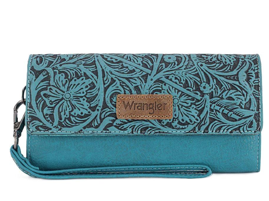 Wrangler Turquoise Western Floral Tooled Tri-Fold RFID Wallet/Wristlet WG196-W056TQ