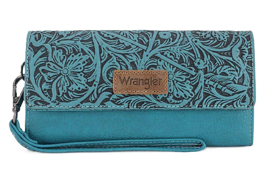 Wrangler Turquoise Western Floral Tooled Tri-Fold RFID Wallet/Wristlet WG196-W056TQ