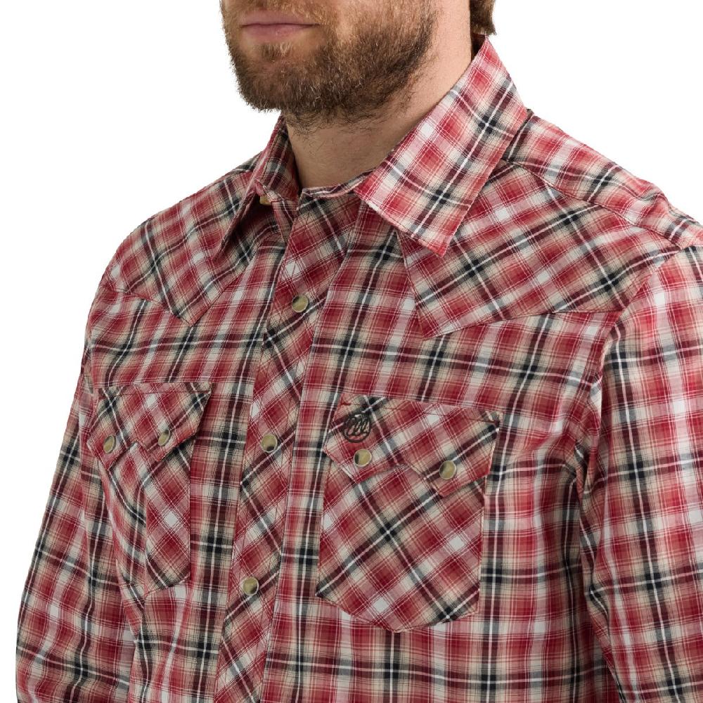 Wrangler Vermilion Red Retro Long Sleeve Sawtooth Men's Collared Longsleeve Snap Pocket Men's Western Shirt 112351479