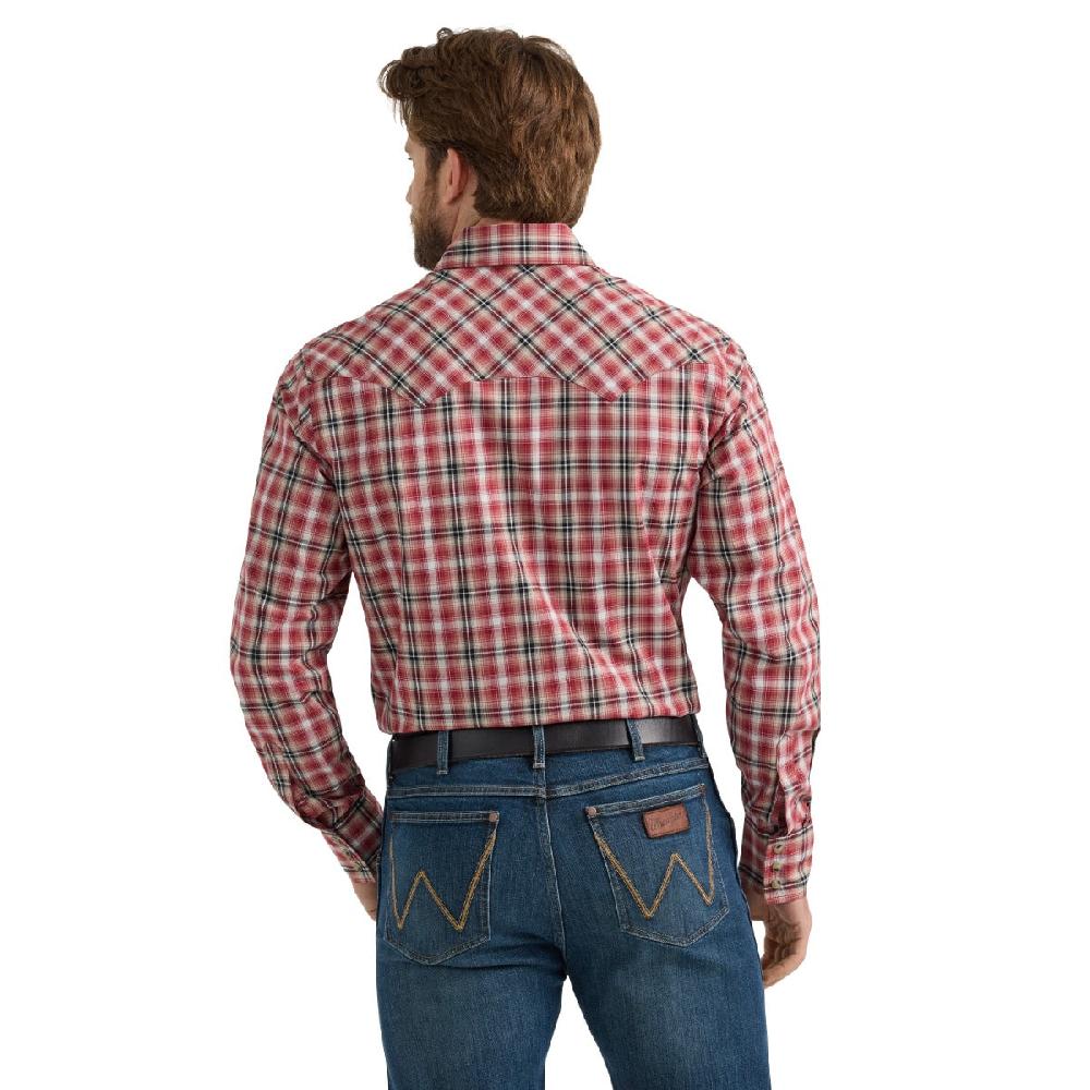 Wrangler Vermilion Red Retro Long Sleeve Sawtooth Men's Collared Longsleeve Snap Pocket Men's Western Shirt 112351479