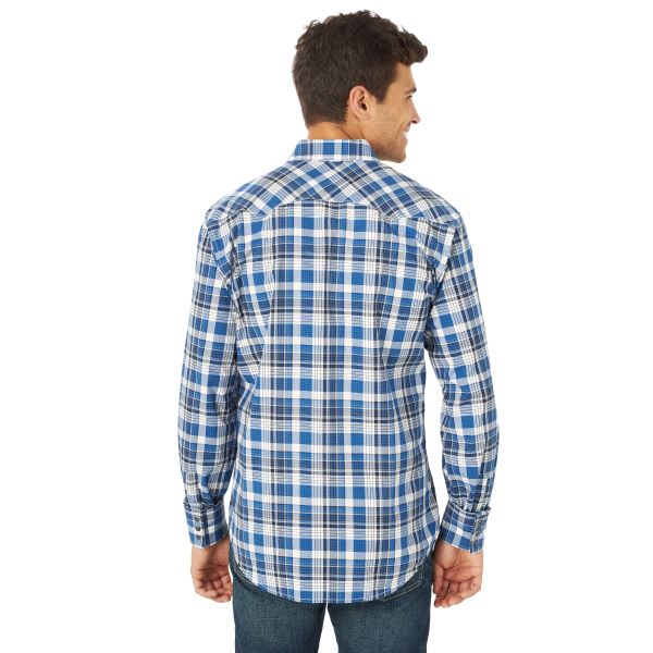 Wrangler Vintage Indigo Plaid Retro Long Sleeve Mens Snap Pocket Shirt MV4025N