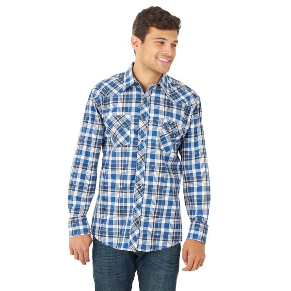 Wrangler Vintage Indigo Plaid Retro Long Sleeve Mens Snap Pocket Shirt MV4025N