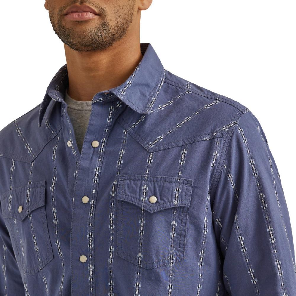 Wrangler Vintage Indigo Printed Retro Premium Collared Long Sleeve Western Snap Shirt 112344560