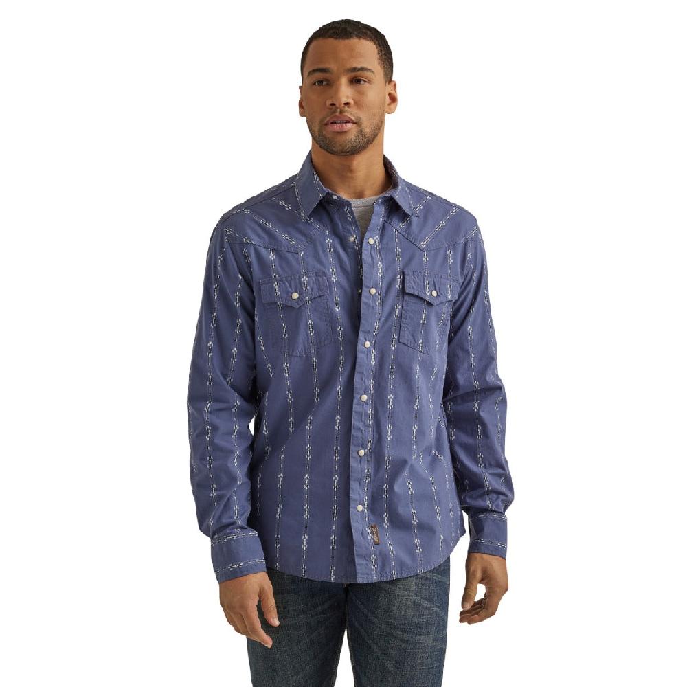 Wrangler Vintage Indigo Printed Retro Premium Collared Long Sleeve Western Snap Shirt 112344560