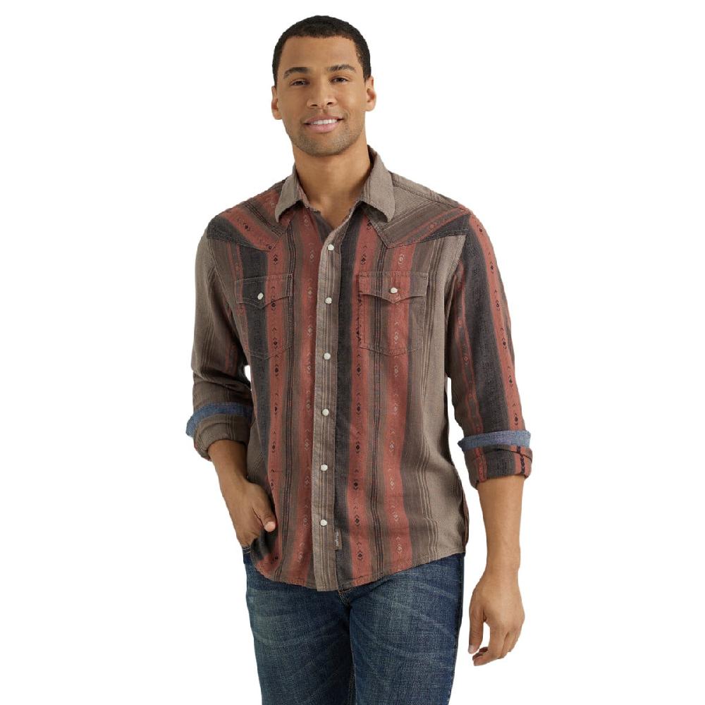 Wrangler Warm Stripe Retro Premium Men's Collared Long Sleeve Printed Snap Shirt 112356554