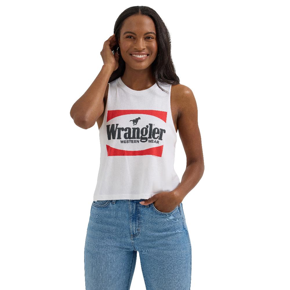 Wrangler White Block Women's Festival Crop Graphic Tank 112361879