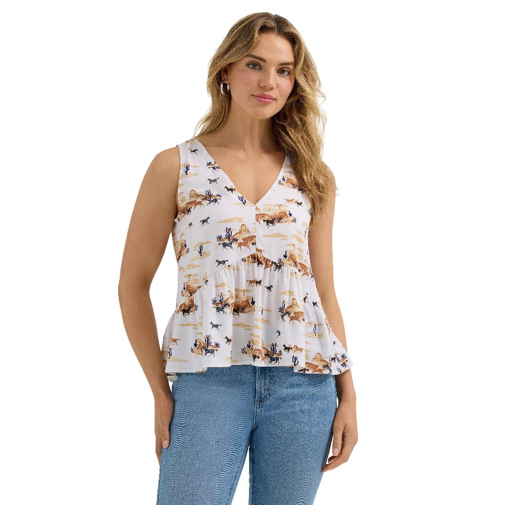 Wrangler White Desert Print V-Neck Women's Peplum Tank 112364382