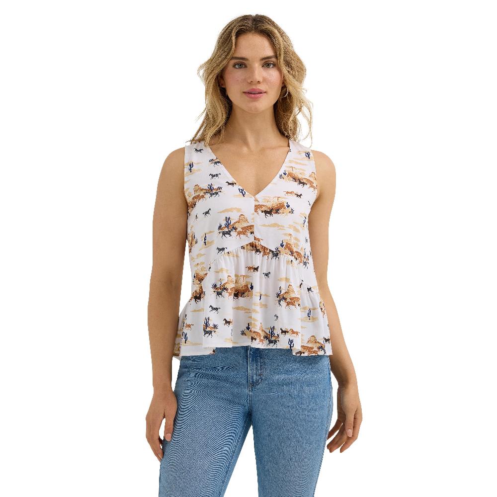 Wrangler White Desert Print V-Neck Women's Peplum Tank 112364382