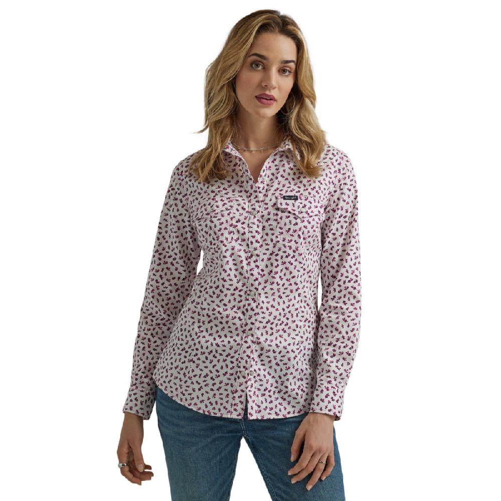 Wrangler White Floral Retro Women's Collared Long Sleeve Dress Shirt 112345294