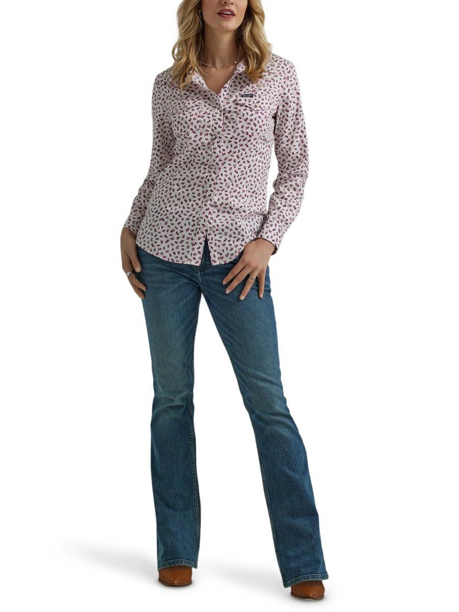 Wrangler White Floral Retro Women's Collared Long Sleeve Dress Shirt 112345294