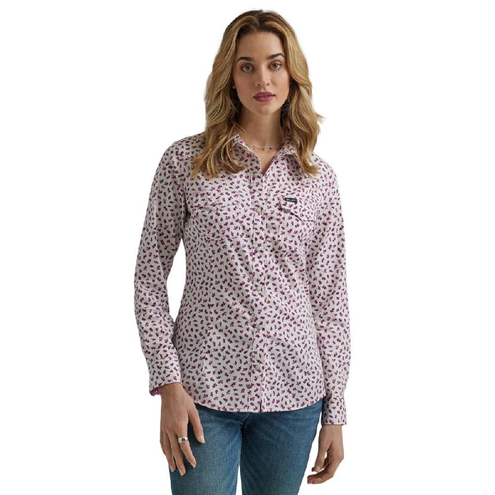 Wrangler White Floral Retro Women's Collared Long Sleeve Dress Shirt 112345294