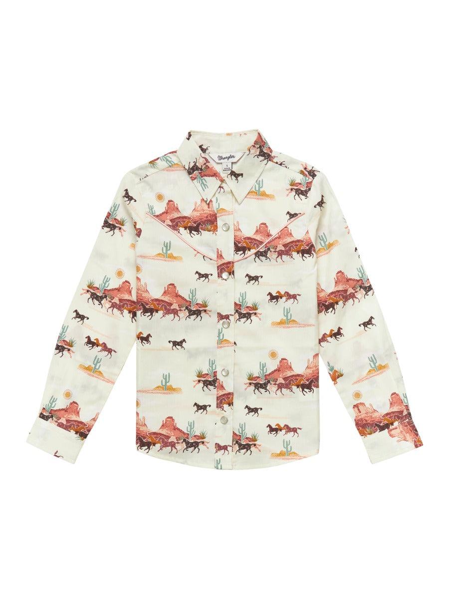 Wrangler White Multi (with mustang print) Girls Collared Longsleeve Western Snap Shirt 112353033