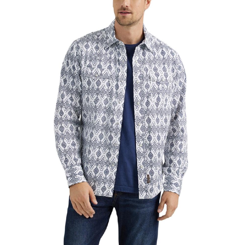 Wrangler White/Navy Diamonds Print Retro Premium Men's Collared Long Sleeve Western Snap Shirt 112356587