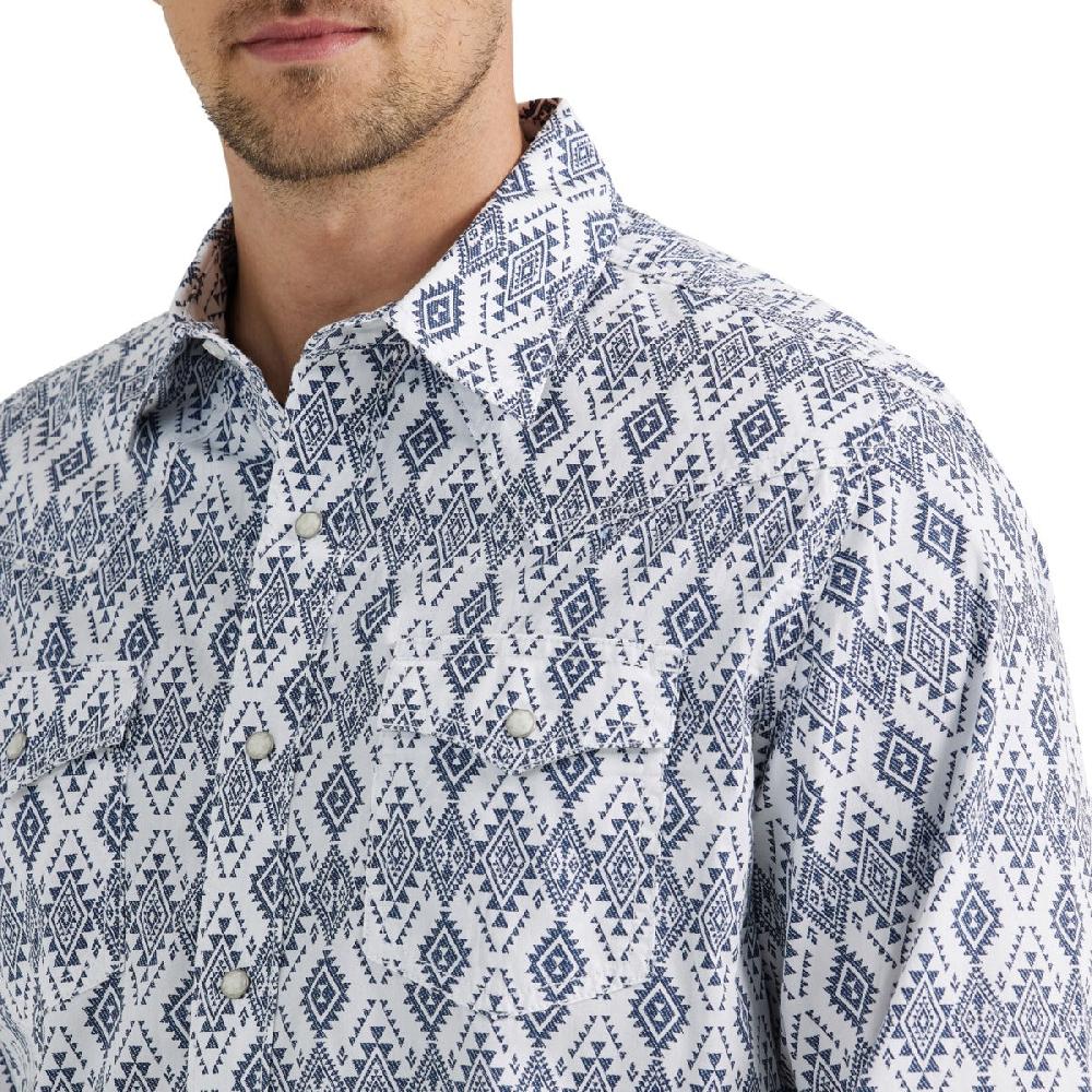 Wrangler White/Navy Diamonds Print Retro Premium Men's Collared Long Sleeve Western Snap Shirt 112356587