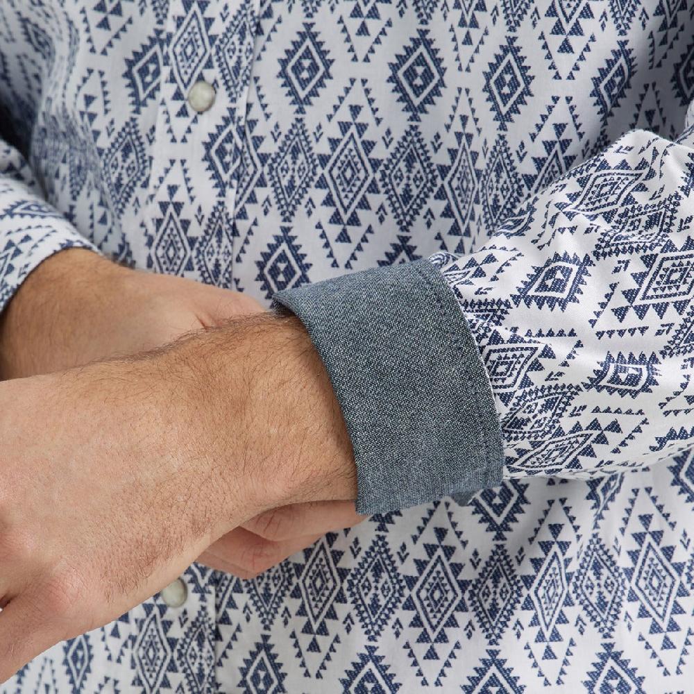 Wrangler White/Navy Diamonds Print Retro Premium Men's Collared Long Sleeve Western Snap Shirt 112356587