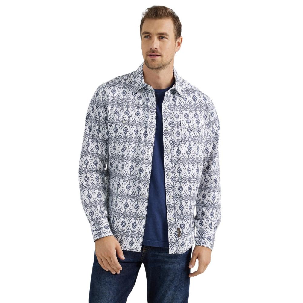 Wrangler White/Navy Diamonds Print Retro Premium Men's Collared Long Sleeve Western Snap Shirt 112356587