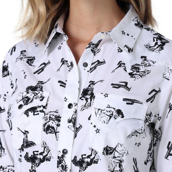 Wrangler White Print Retro Cowgirl Cactus Women's Western Snap Shirt 112330046