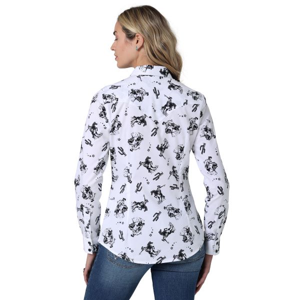 Wrangler White Print Retro Cowgirl Cactus Women's Western Snap Shirt 112330046