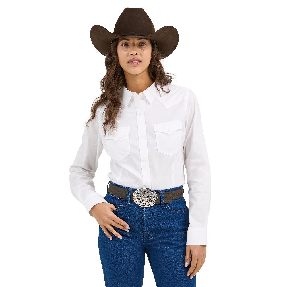 Wrangler White Retro Long Sleeve Women's Solid Button Front Shirt 112358013