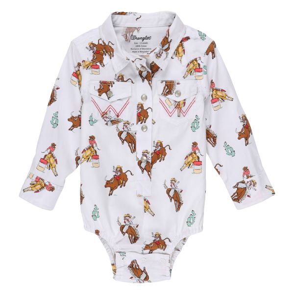 Wrangler White Retro Longsleeve Girl's Rodeo Print Snap Bodysuit 112329258