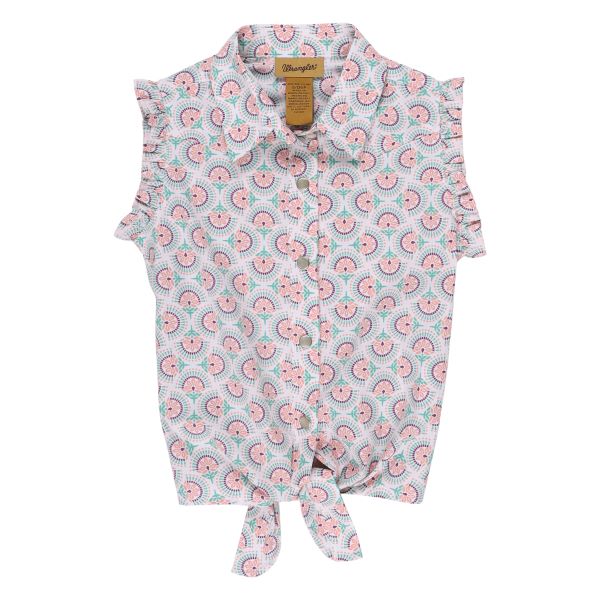 Wrangler White Retro Sleeveless Girl's Ruffle Tie Front Snap Shirt with Print 112329229