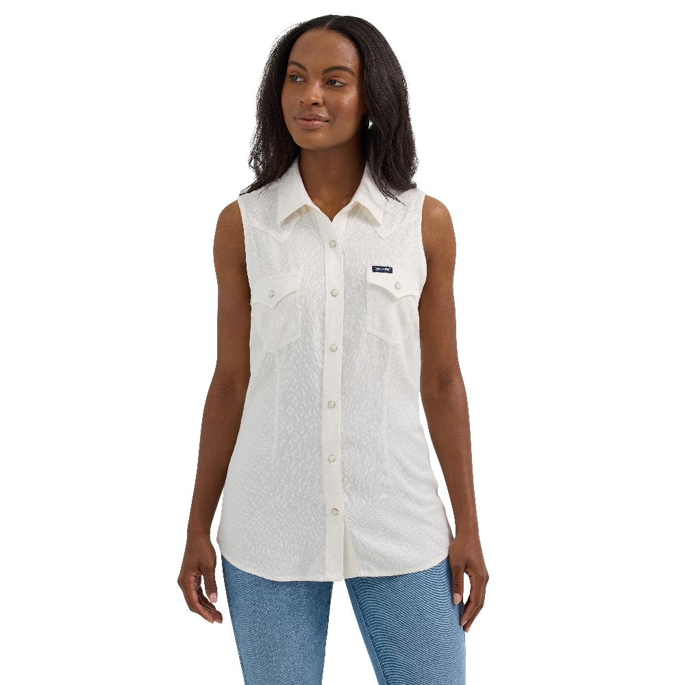 Wrangler White Retro Textured Women's Collared Slim Fit Sleeveless Snap Tank 112364632