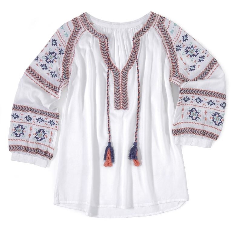 Wrangler White/Turqipose/Orange Long Sleeve Womens Peasant Top LW2050M