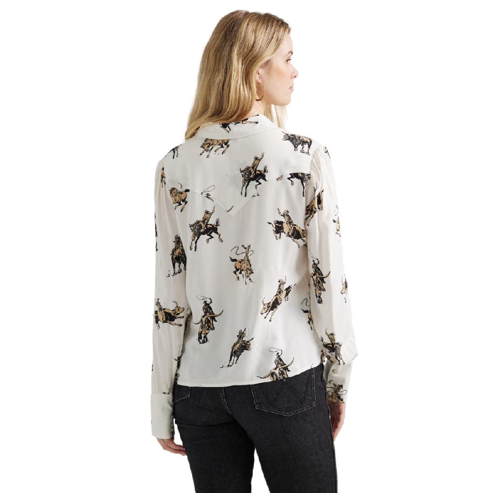 Wrangler White With Bronco Print Drapey Rodeo Women's Collared Longsleeve Snap Blouse 112356671