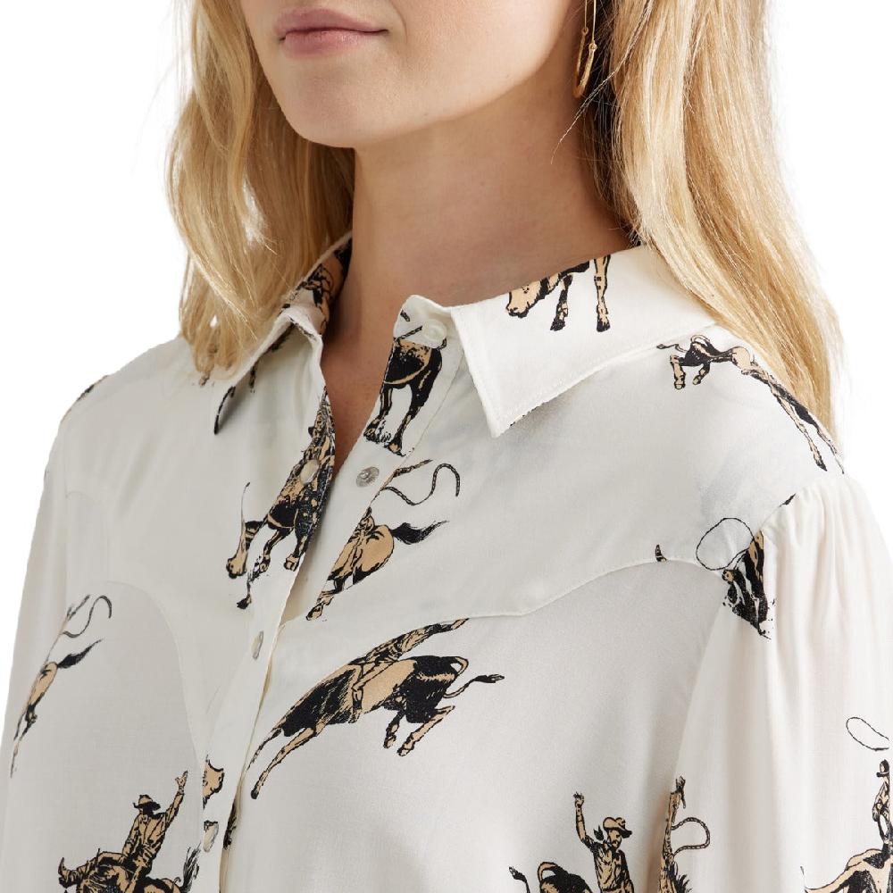 Wrangler White With Bronco Print Drapey Rodeo Women's Collared Longsleeve Snap Blouse 112356671