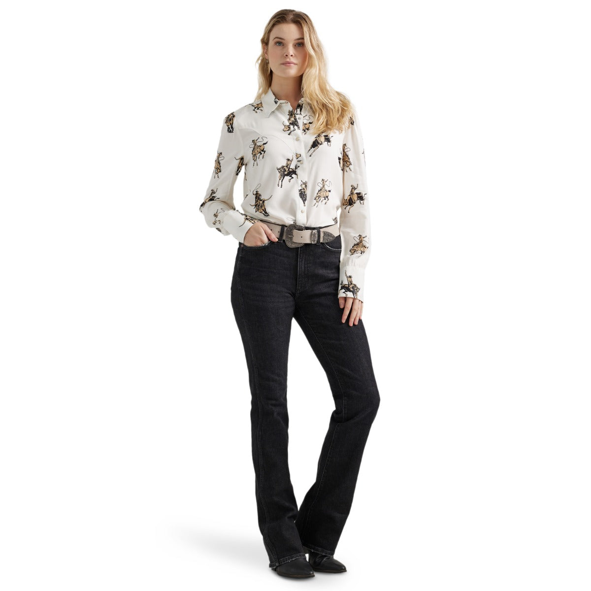 Wrangler White With Bronco Print Drapey Rodeo Women's Collared Longsleeve Snap Blouse 112356671