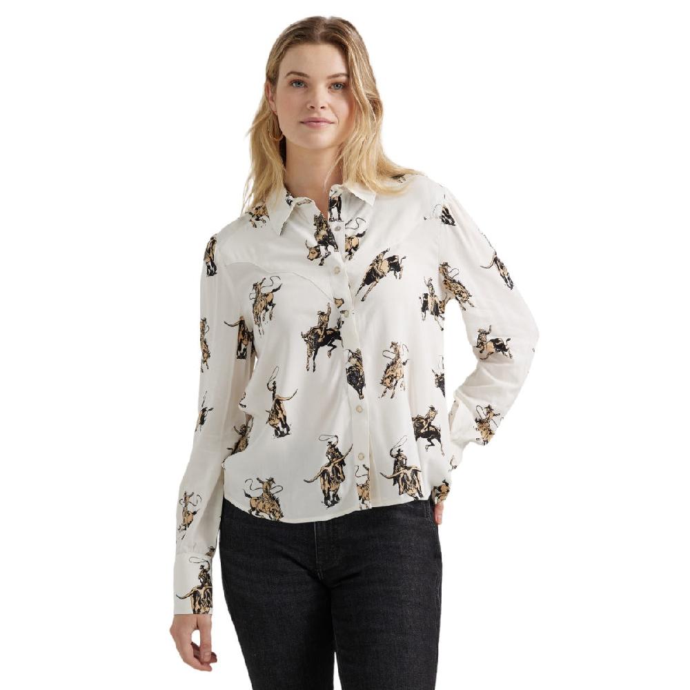 Wrangler White with Bronco Print Drapey Rodeo Women's Collared Longsleeve Snap Blouse 112356671