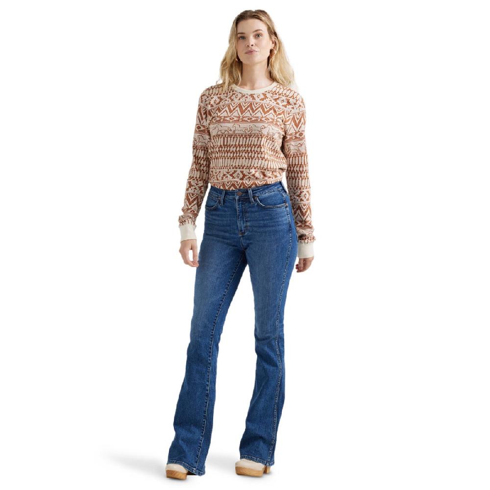 Wrangler White With Brown Print Horse Jacquard Women's Thermal Shirt 112356696