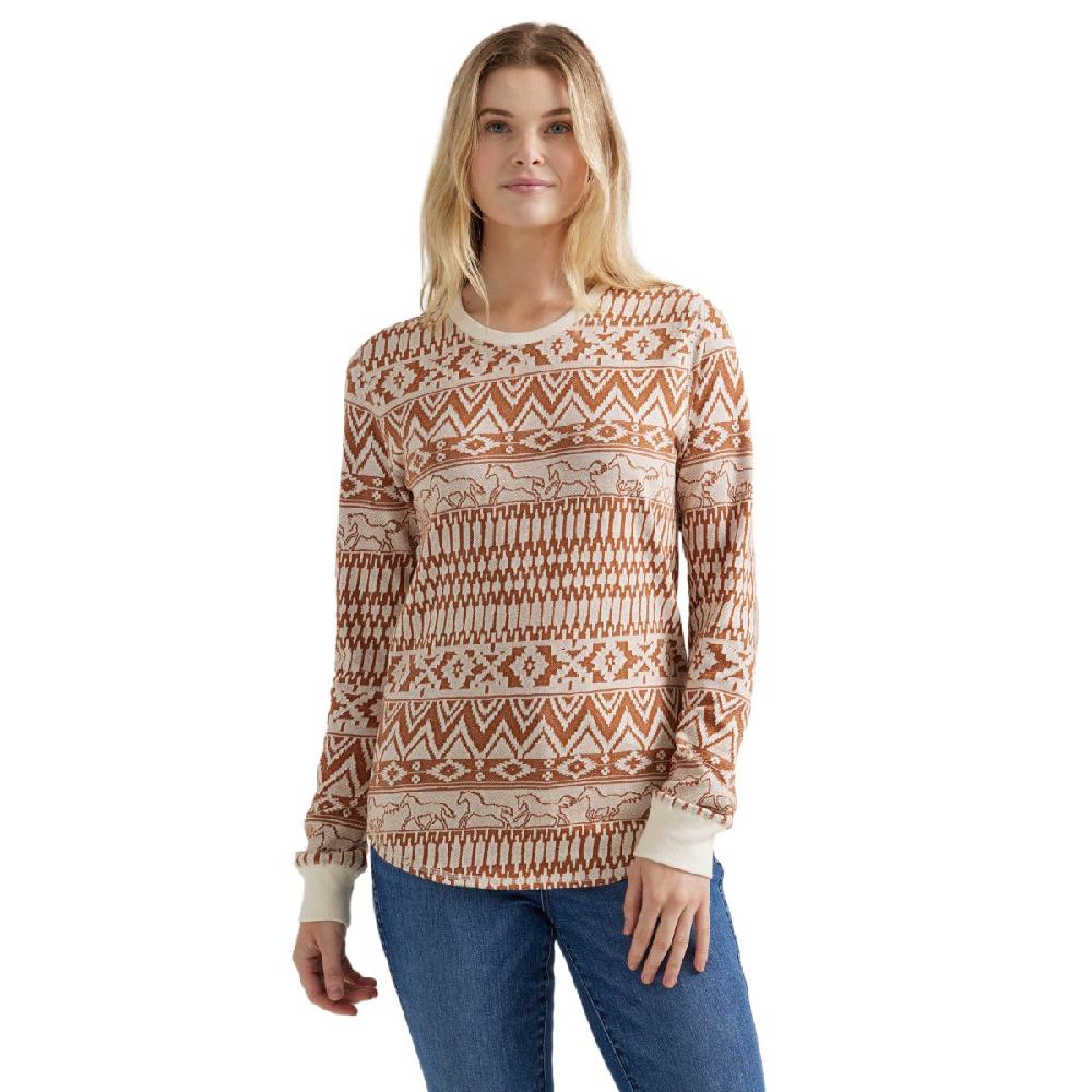 Wrangler White with Brown Print Horse Jacquard Women's Thermal Shirt 112356696