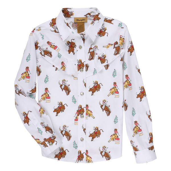 Wrangler White with Rodeo Print and Ruffle Retro Girl's Longsleeve Snap Shirt 1123229225