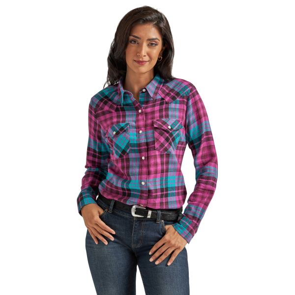 Wrangler Wild Aster Essential Women's Long Sleeve Flannel Plaid Western Snap Shirt 112339586