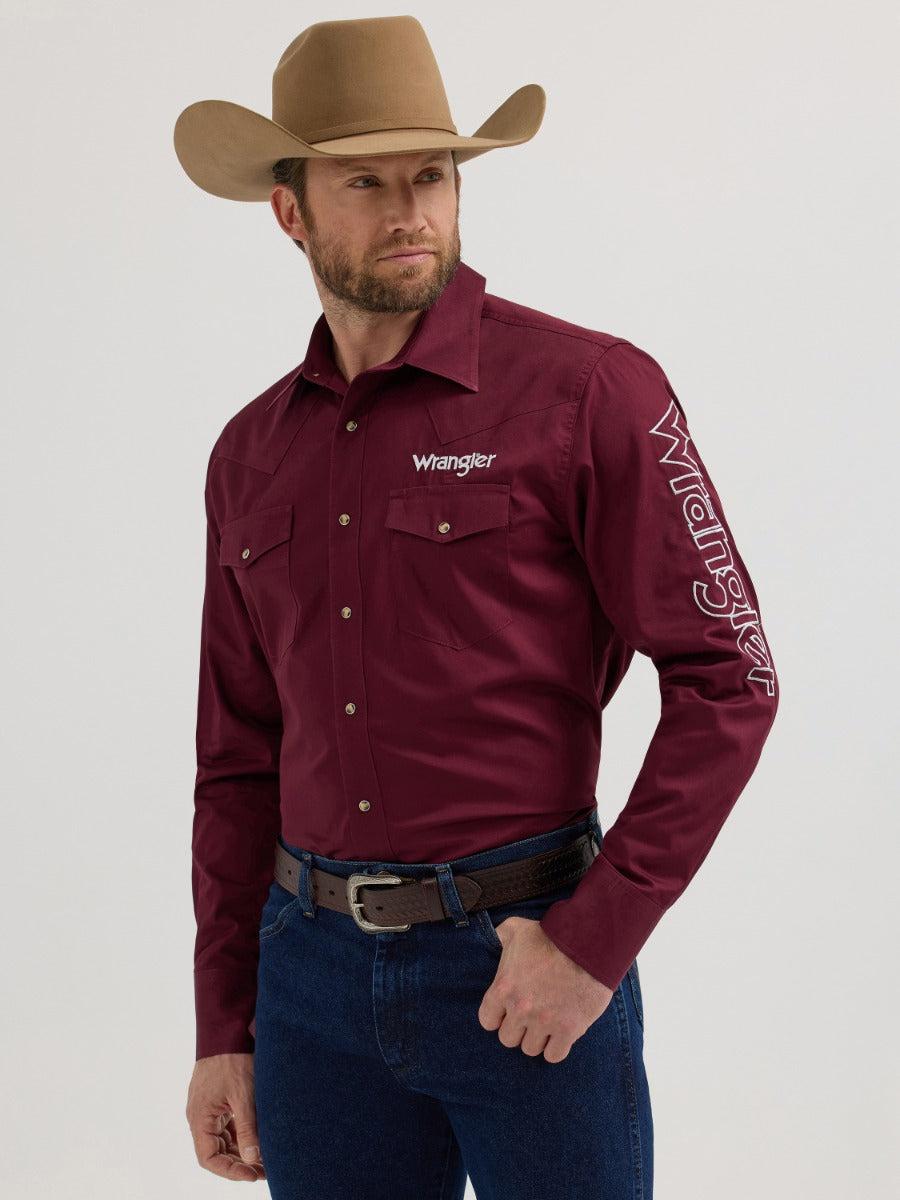 Wrangler Wine Logo Men's Collared Longsleeve Snap Shirt 112355405