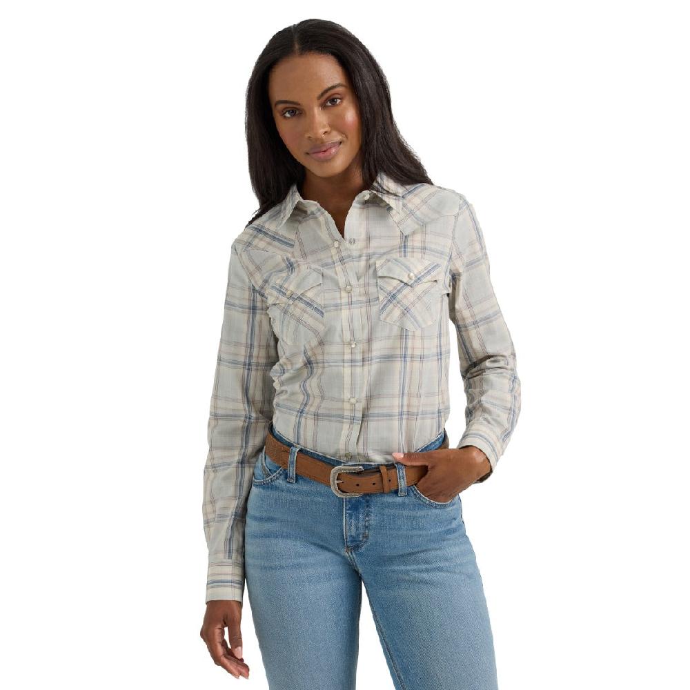Wrangler Wispy Blue Plaid Retro Women's Collared Longsleeve Western Snap Shirt 112360738