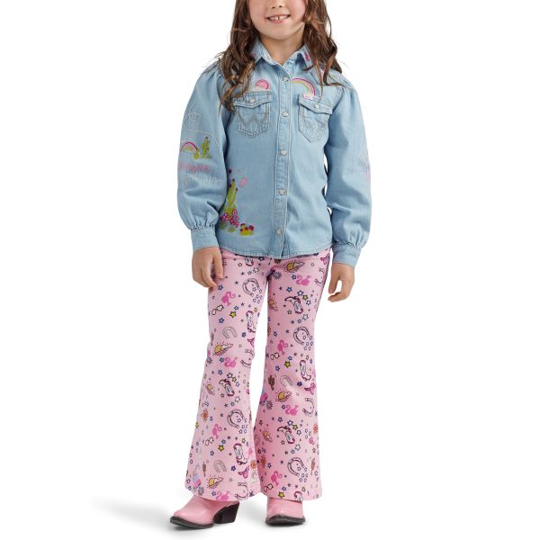 Wrangler X Barbie Ken Blue Balloon Sleeve Embroidered Girl's Denim Blouse 112344878