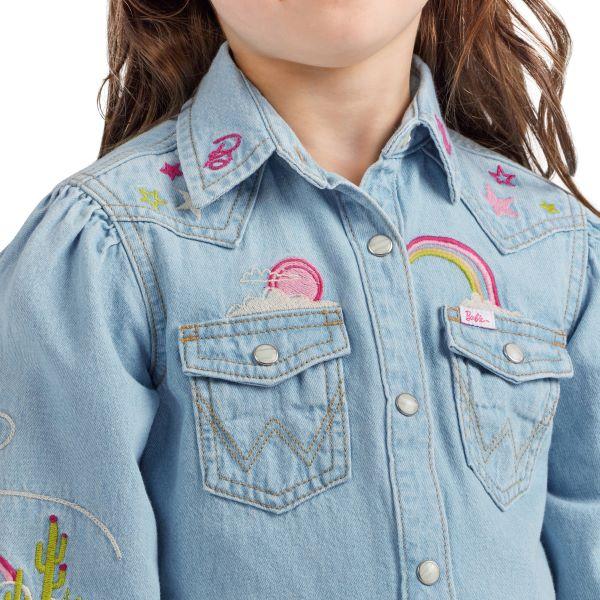 Wrangler X Barbie Ken Blue Balloon Sleeve Embroidered Girl's Denim Blouse 112344878