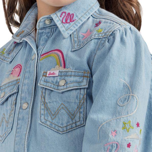 Wrangler X Barbie Ken Blue Balloon Sleeve Embroidered Girl's Denim Blouse 112344878