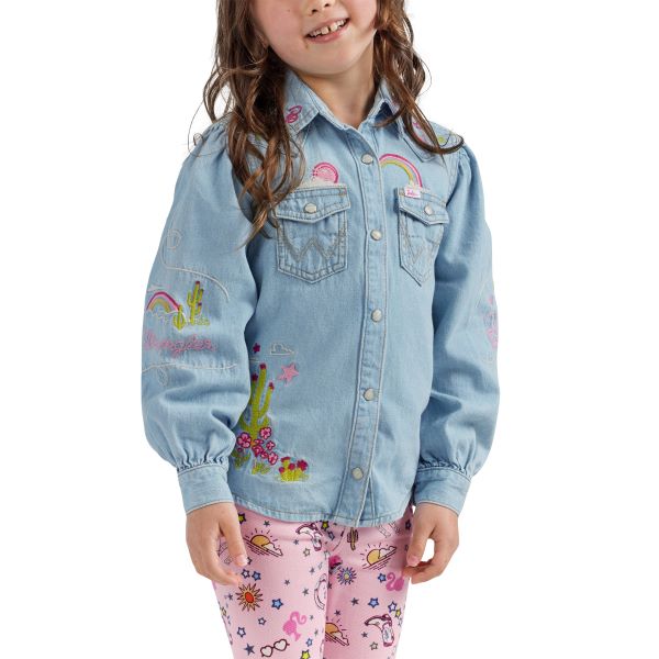 Wrangler X Barbie Ken Blue Balloon Sleeve Embroidered Girl's Denim Blouse 112344878