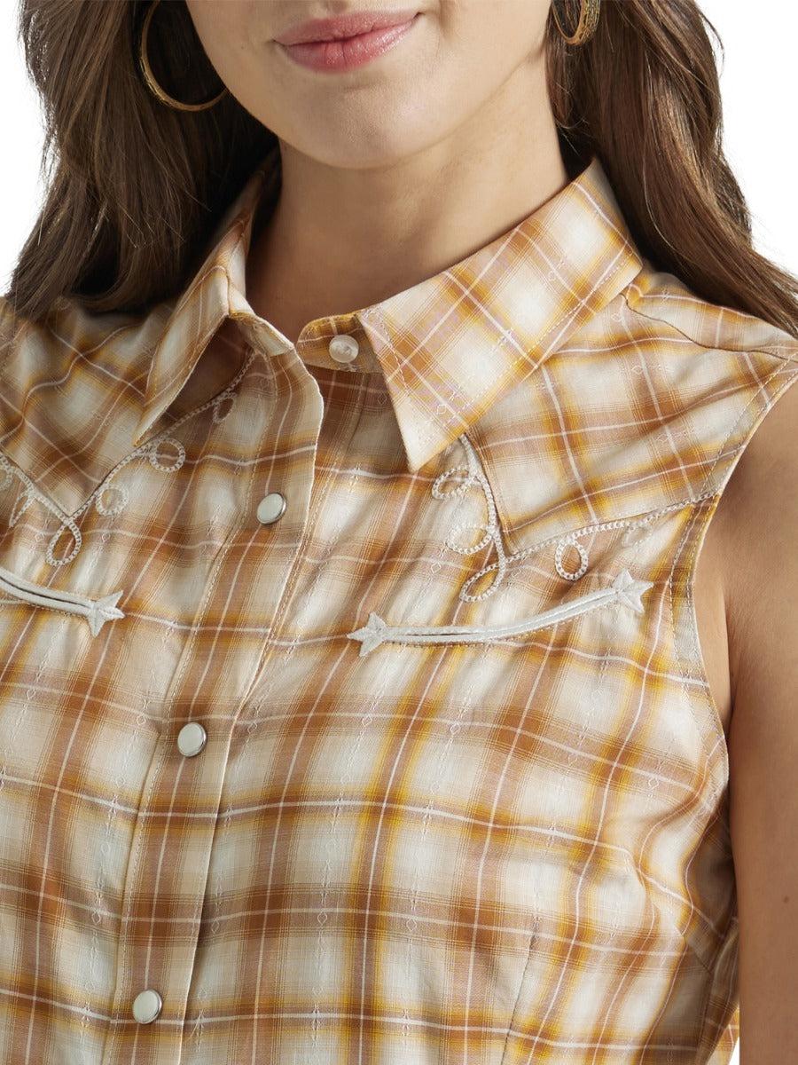 Wrangler Yellow Plaid Women's Slim Sleeveless Collared Snap Front Shirt 112347142