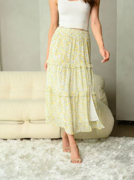 Yellow Floral Print Tiered Midi Skirt H-8-E-LS30817-F
