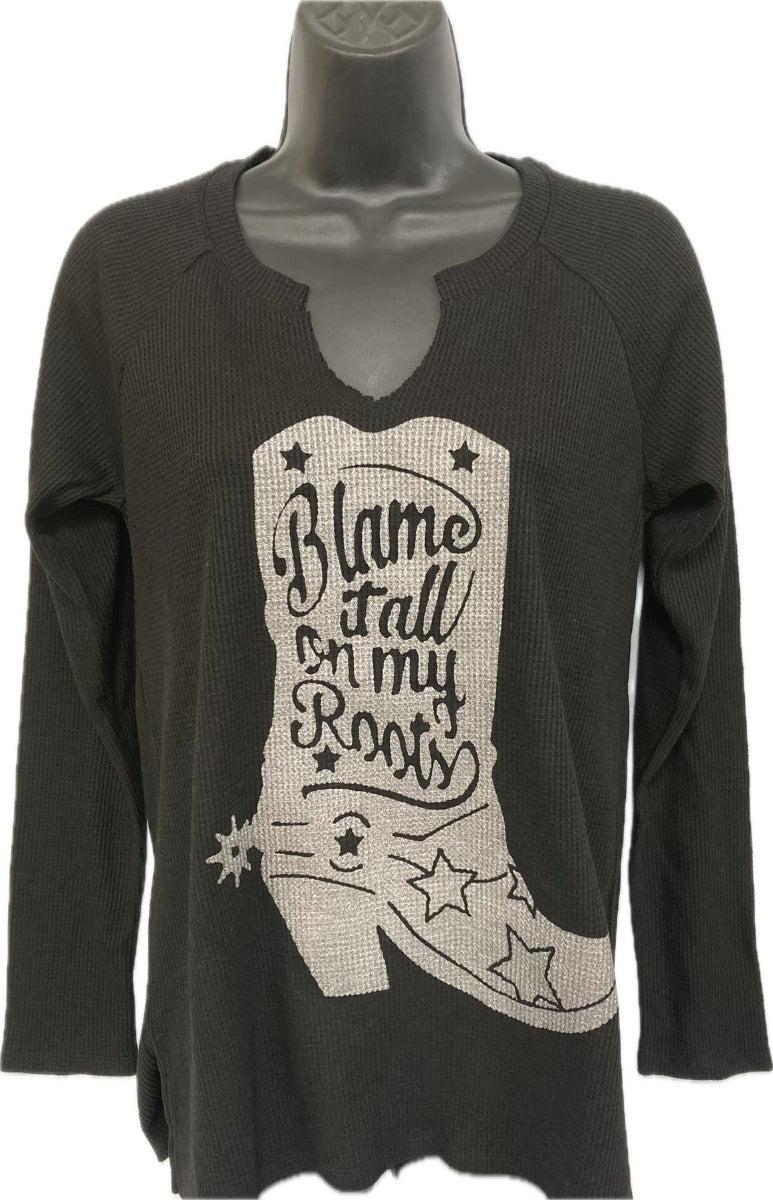 Zutter Black Blame it on My Boots Women's Waffle Longsleeve V-Neck T-Shirt K5678-8677