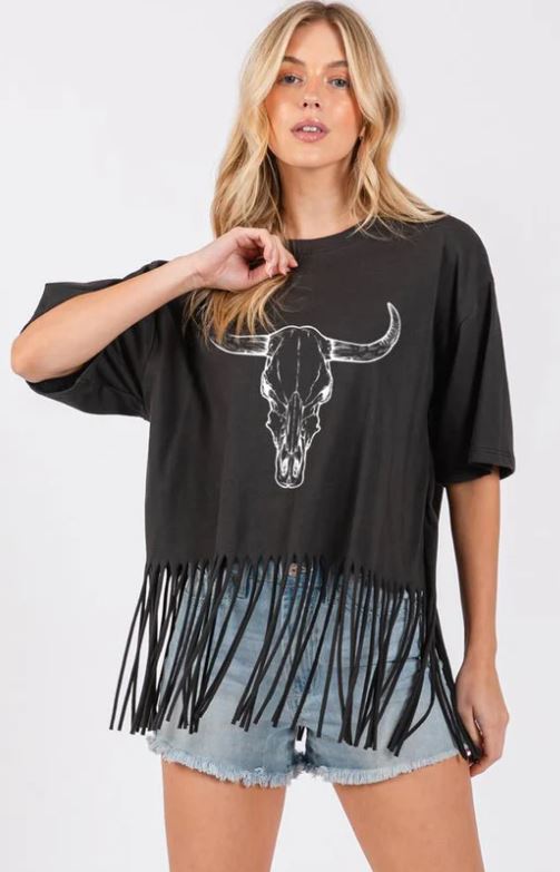 Zutter Black Fringe Women's Short Sleeve Tee Shirt with a Longhorn on the Front K1525-2938-BLK