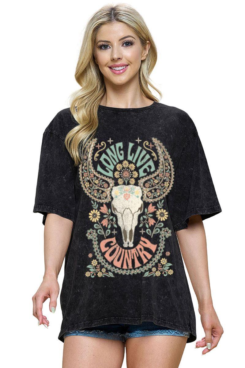 Zutter Black Long Live Country Women's Skull Graphic T-Shirt with Flowers T9478-2467-BLK