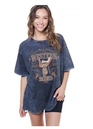 Zutter Black Stone Washed Western Rodeo Oversized Distressed Tee K6280