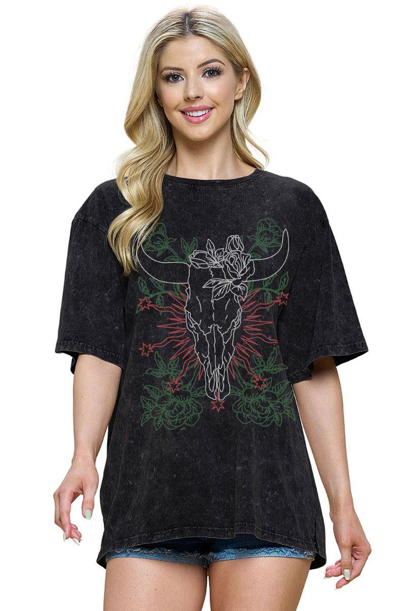 Zutter Black Women's Oversized Graphic T-Shirt with Puff Longhorn Trimmed Graphic T9478-2421-BLK